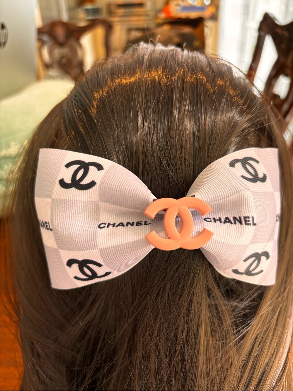 Oversized bow Hair Clip shades of grey and black with pale peach accent